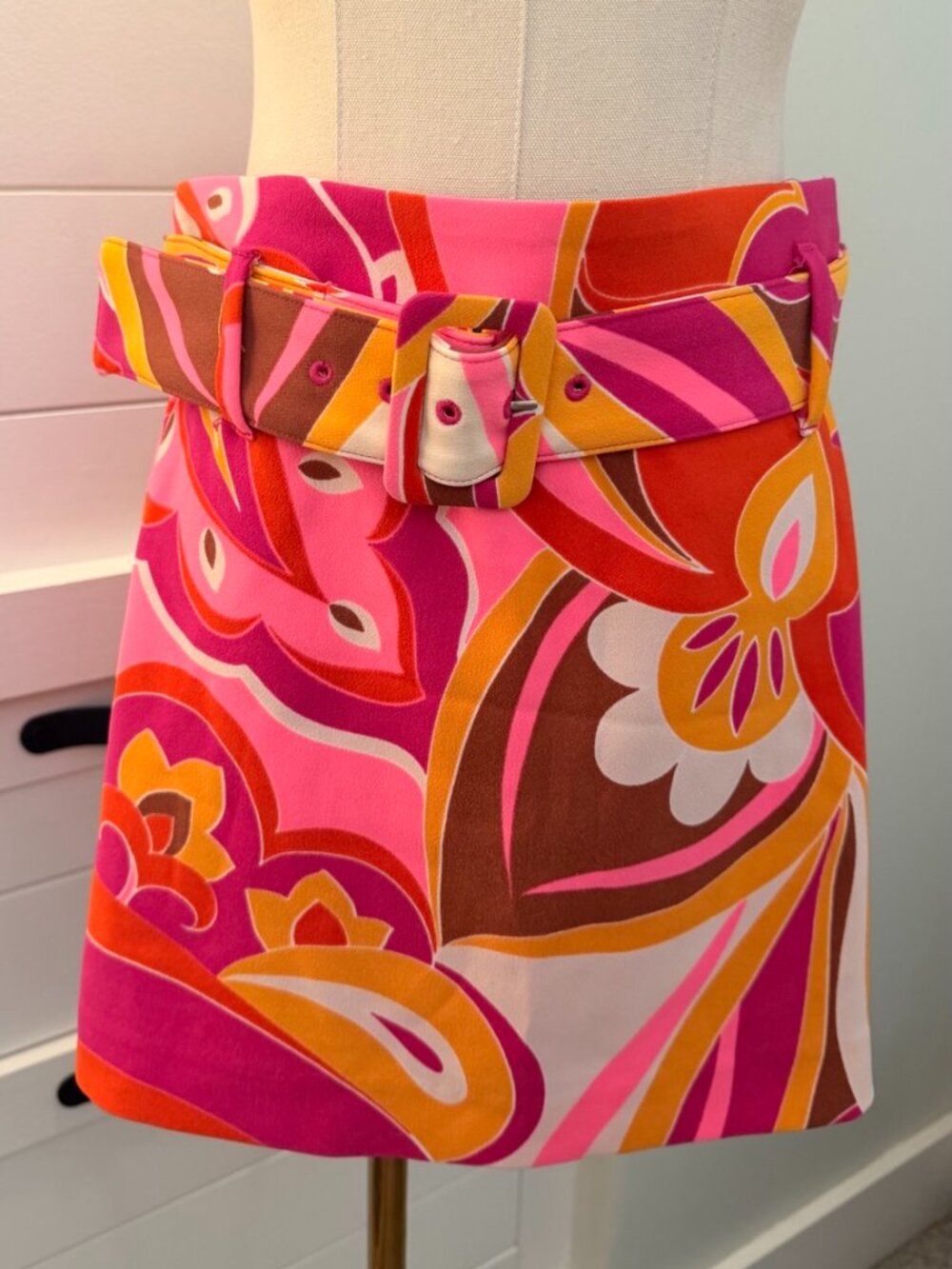 Express Retro Floral Mini Skirt Belted Pink Orange Size S